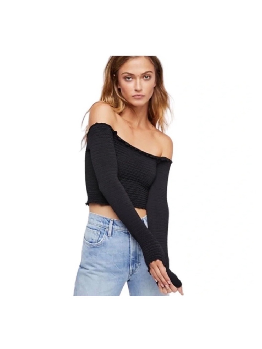 Free People Intimately Black Long Sleeve Textured Ruched Crop Top M/L Women’s